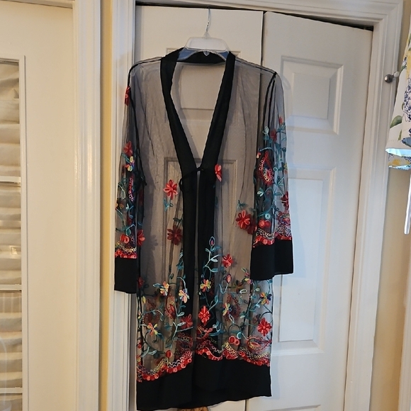Other - Floral Embroidered Sheer Kimono 42 Inches Long   20 Inches Across Pit To Pit.